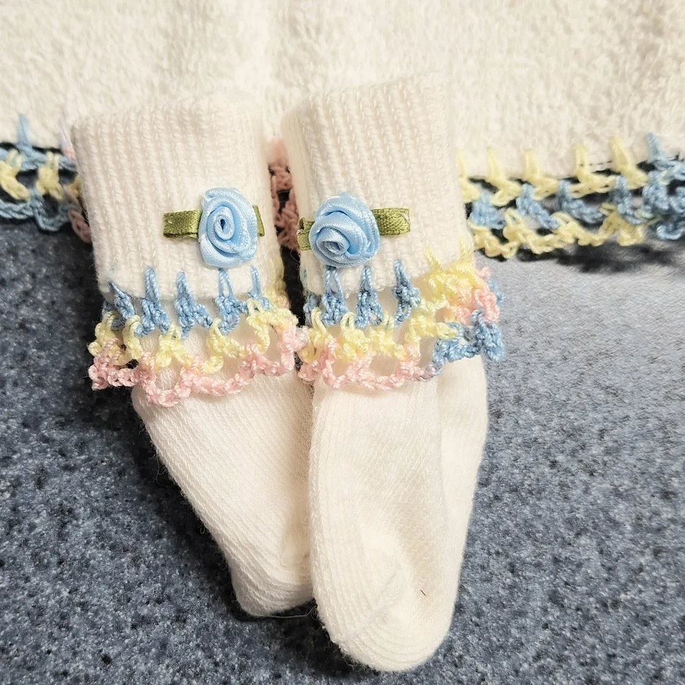 Handmade Crochet Trim Baby Bib and Booties Set, NWOT